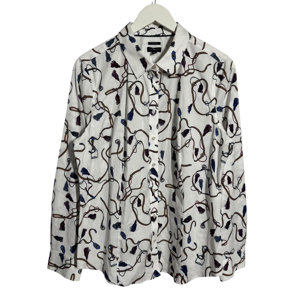 Talbots Non-Iron Button Down Shirt Womens 14 White Equestrian Rope Tassel Print